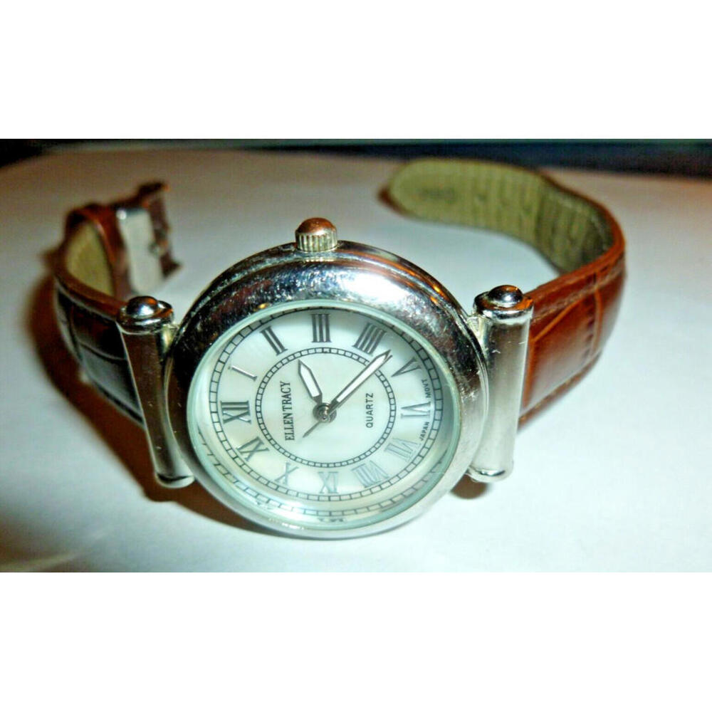 Ellen Tracy Women's Quartz Watch Silver Tone Case Brown Leather Band